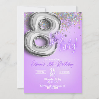 Invitación de cumpleaños número 8 con purpurina pú