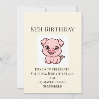 Invitación de cumpleaños número 8 de adorable cerd