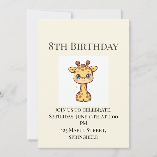 Invitación de cumpleaños número 8 de jirafa bebé l (Anverso)