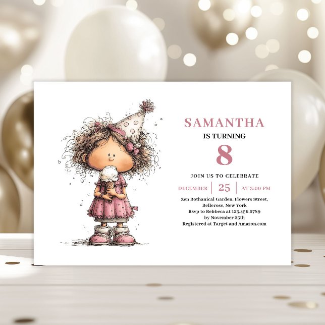 Invitación de cumpleaños número 8 de niña divertid (Cute Funny Girl 8th Birthday Invite Dusty Pink)