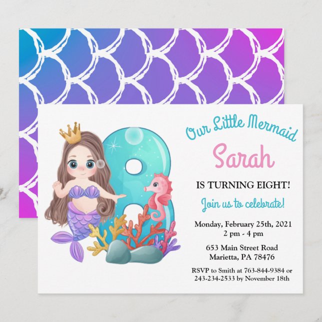 Invitación de cumpleaños número 8 de sirena acuare (Anverso / Reverso)
