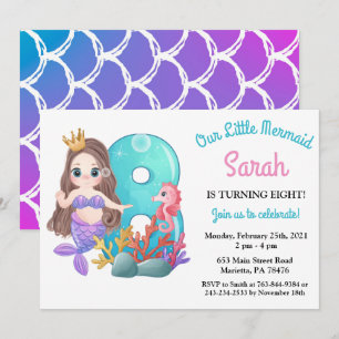 Invitación de cumpleaños número 8 de sirena acuare