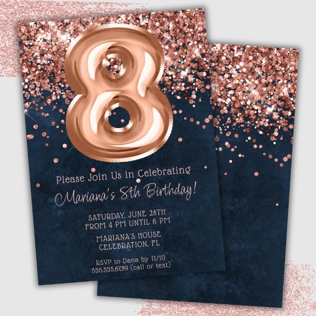 Invitación de cumpleaños número 8 en rosa oro y az (Subido por el creador)