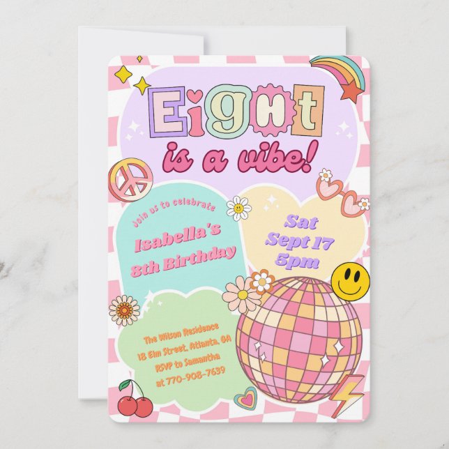 Invitación de cumpleaños número 8 Groovy Vibe Retr (Anverso)