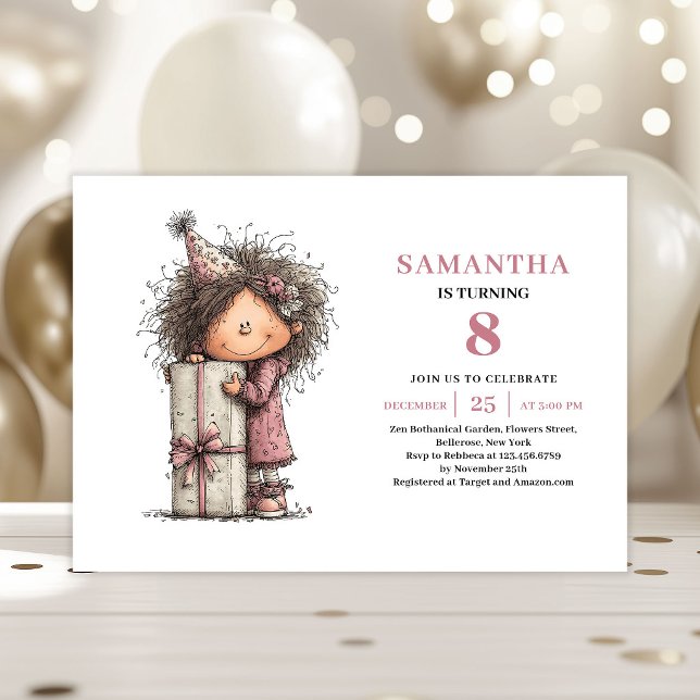 Invitación de cumpleaños número 8 para niña pequeñ (Quirky Toddler Girl 8th Birthday Invite Pink)
