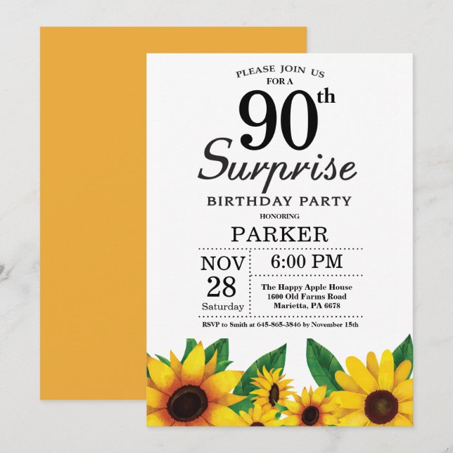Invitación de cumpleaños número 90 a la sorpresa d (Anverso / Reverso)