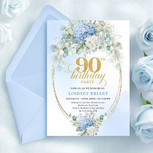 Invitación de cumpleaños número 90 Chic Light Blue