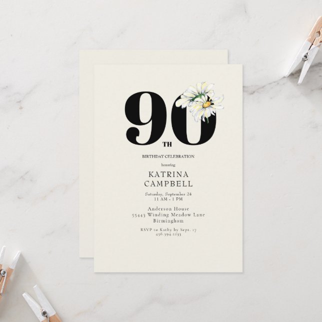 Invitación de cumpleaños número 90 con flores amar (Anverso/Reverso In Situ)