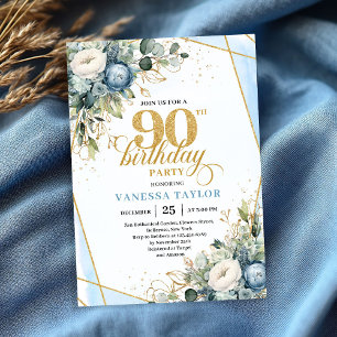 Invitación de cumpleaños número 90 con flores azul