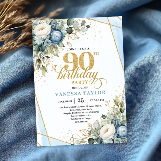 Invitación de cumpleaños número 90 con flores azul (Elegant dusty blue blooms 90th birthday invite design)