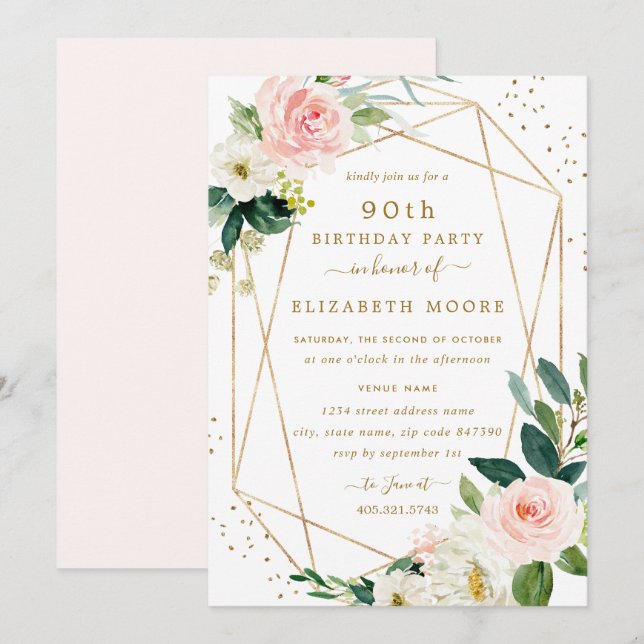 Invitación de cumpleaños número 90 con flores Geom (Anverso / Reverso)