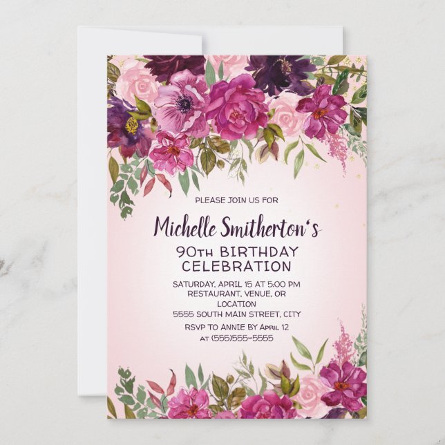 Invitación de cumpleaños número 90 con flores rosa (Anverso)