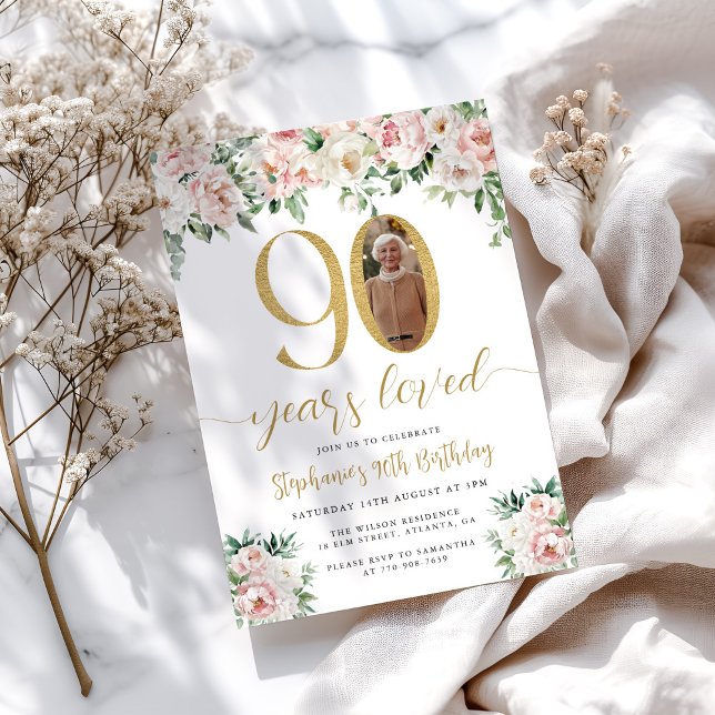 Invitación de cumpleaños número 90 con foto floral (Subido por el creador)