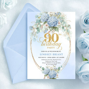Invitación de cumpleaños número 90 con hortensias