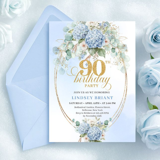 Invitación de cumpleaños número 90 con hortensias  (Stylish Light Blue Hydrangeas 90th Birthday Invite)