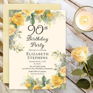 Invitación de cumpleaños número 90 con rosa amaril