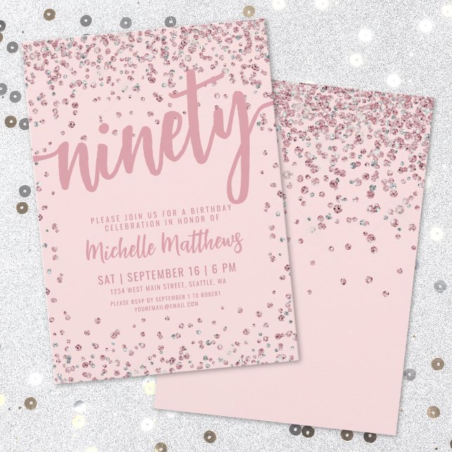 Invitación de cumpleaños número 90 con rosa sonroj (Blush Pink 90th Birthday Invitation )