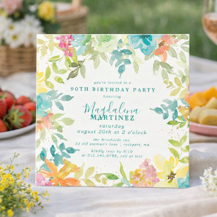 Invitación de cumpleaños número 90 de acuarela flo