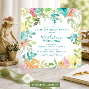 Invitación de cumpleaños número 90 de acuarela flo