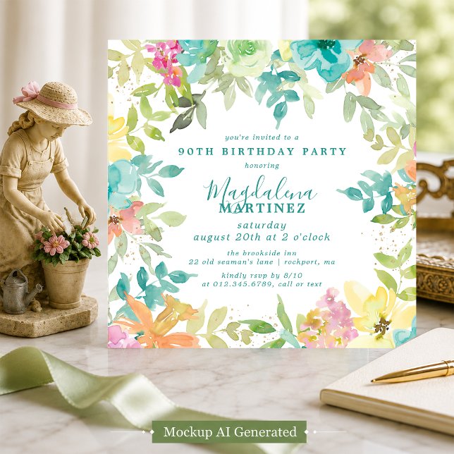 Invitación de cumpleaños número 90 de acuarela flo (Subido por el creador)