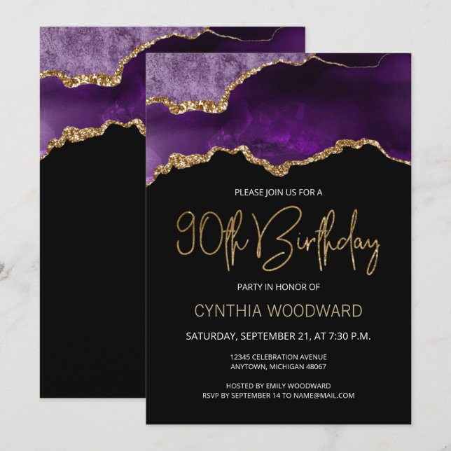 Invitación de cumpleaños número 90 de Ágata de Oro (Anverso / Reverso)