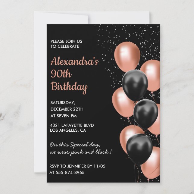 Invitación de cumpleaños número 90 de oro rosa Glo (Anverso)