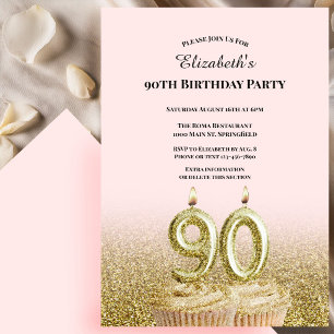 Invitación de cumpleaños número 90 de rosa y dorad