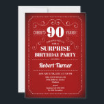 Invitación de cumpleaños número 90 de sorpresa - B<br><div class="desc">Sorpresa 90 cumpleaños invitación para hombres y mujeres. Elegante diseño retro en rojo y blanco con tipografía de escritura. ¡Saludos a 90 años! Se puede personalizar a cualquier edad. Perfecto para una elegante celebración sorpresa de cumpleaños adultos.</div>