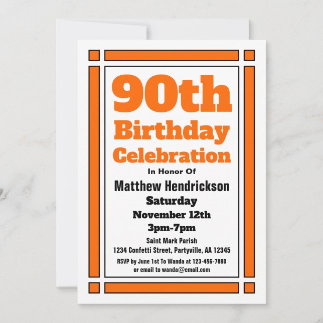 Invitación de cumpleaños número 90 del naranja (Anverso)