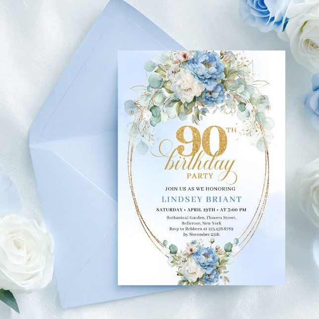 Invitación de cumpleaños número 90 elegante de peo (Elegant Blue Peonies 90th Birthday Invitation Gold)