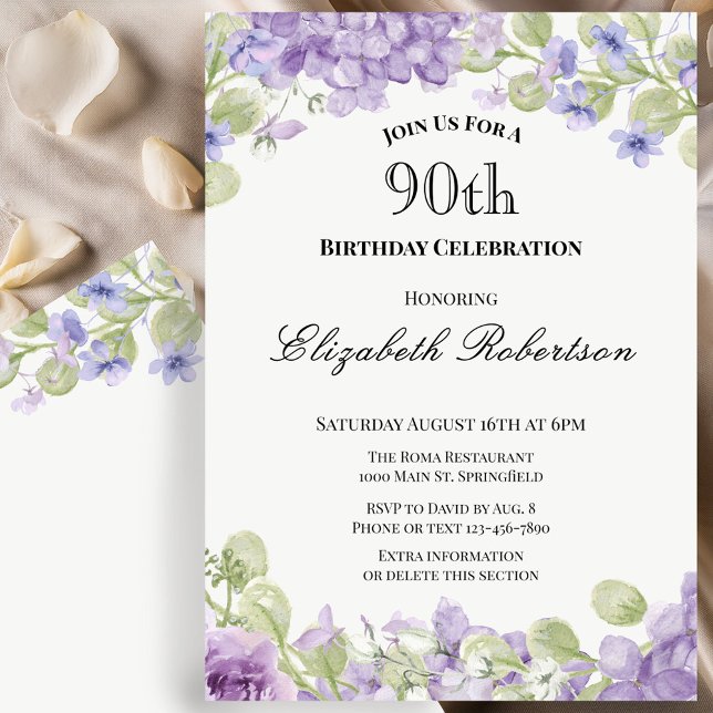 Invitación de cumpleaños número 90 elegante floral (Subido por el creador)