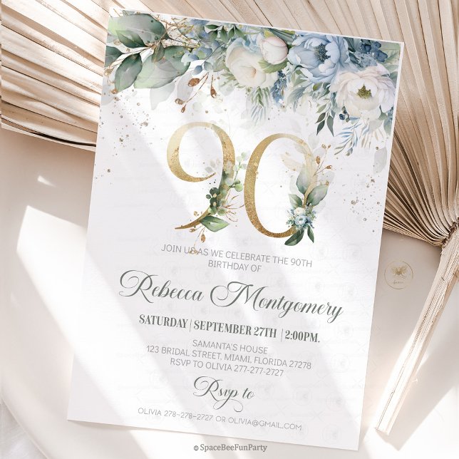 invitación de cumpleaños número 90 elegante hito (90th birthday invitation, editable sage green invitation, elegant floral design,  year old brunch, 9)