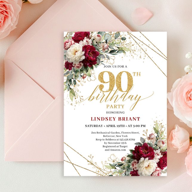 Invitación de cumpleaños número 90 Elegante Merlot (Elegant Merlot Rose Gold 90th Birthday Invite)