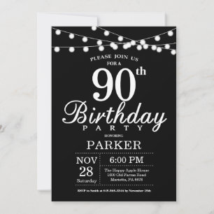 Invitación de cumpleaños número 90 en negro y blan