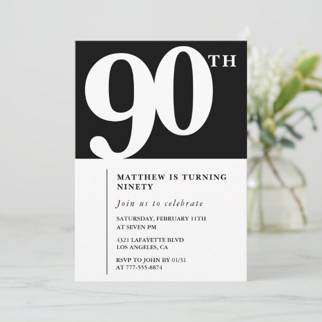 Invitación de cumpleaños número 90 negra Elegante  (Anverso de pie)