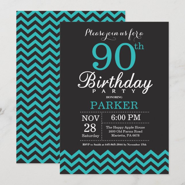 Invitación de cumpleaños número 90 negra y azul tu (Anverso / Reverso)