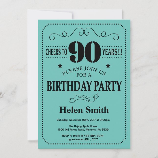 Invitación de cumpleaños número 90 negro y azul tu (Anverso)