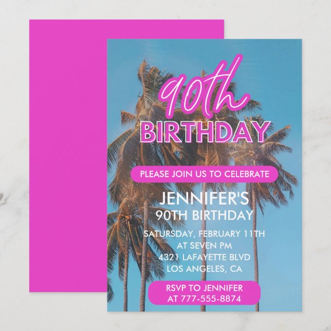 invitación de cumpleaños número 90 Palma Tropical  (Anverso / Reverso)