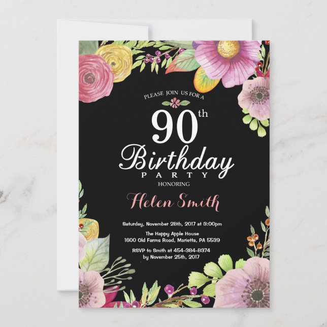Invitación de cumpleaños número 90 para mujeres (Anverso)