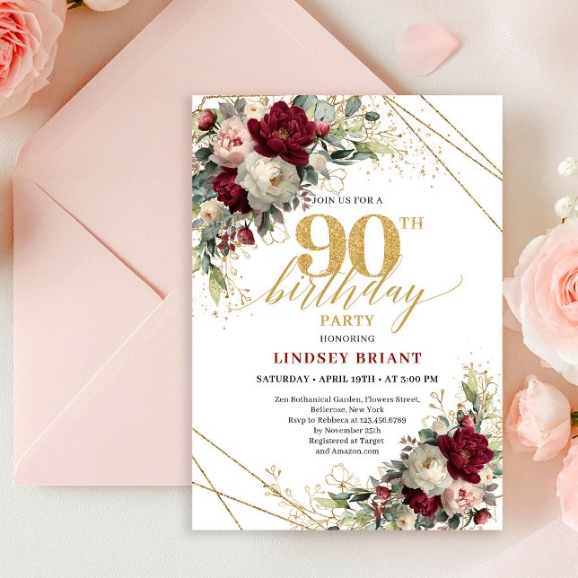 Invitación de cumpleaños número 90 Pretty Blush Go (Pretty Blush Gold Floral 90th Birthday Invitation Card

)