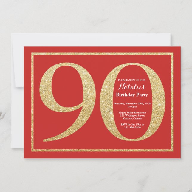 Invitación de cumpleaños número 90 Purpurina rojo  (Anverso)