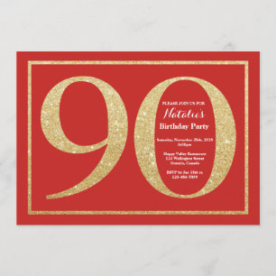 Invitación de cumpleaños número 90 Purpurina rojo 