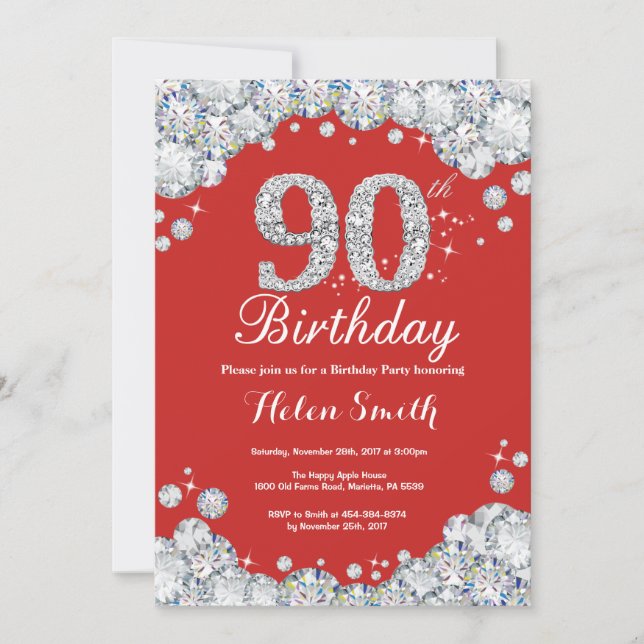 Invitación de cumpleaños número 90 rojo y diamante (Anverso)