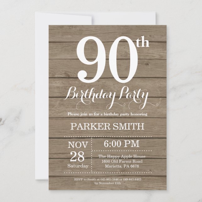 Invitación de cumpleaños número 90 rústica (Anverso)