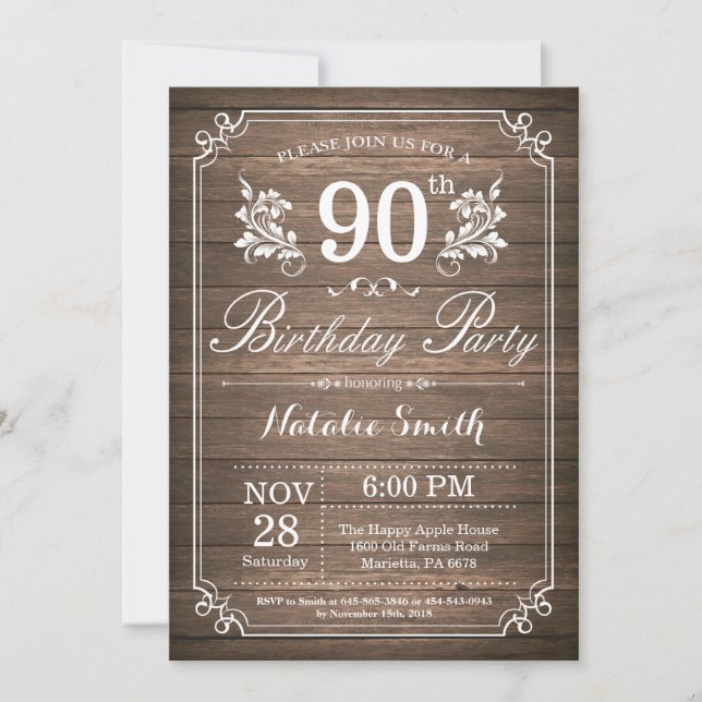 Invitación de cumpleaños número 90 rústica floral (Anverso)