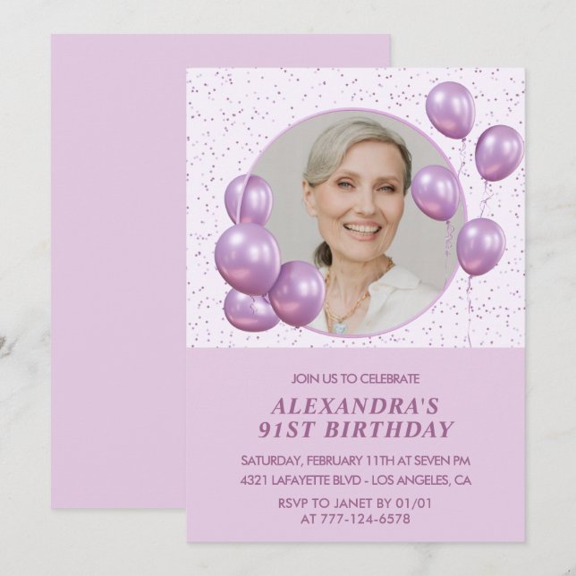 Invitación de cumpleaños número 91 con globos mora (Anverso / Reverso)