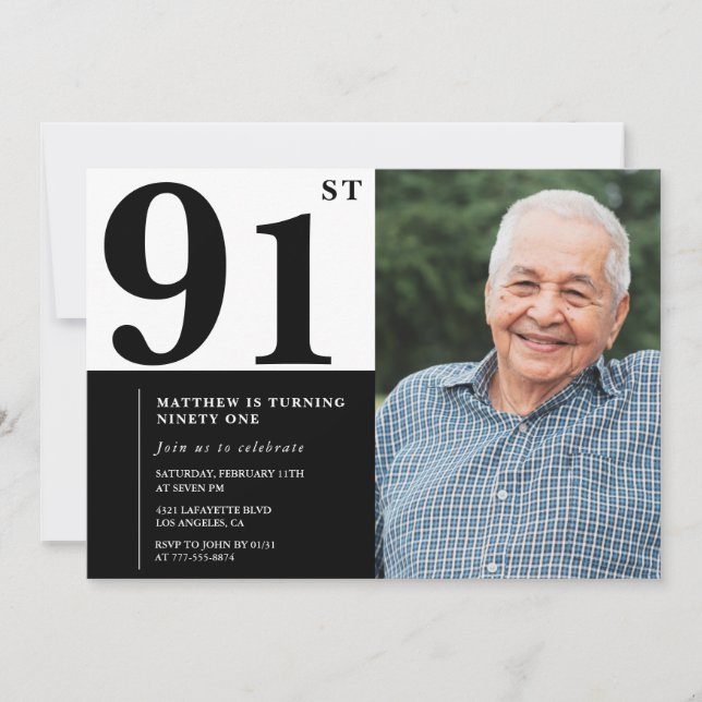 Invitación de cumpleaños número 91 en blanco y neg (Anverso)