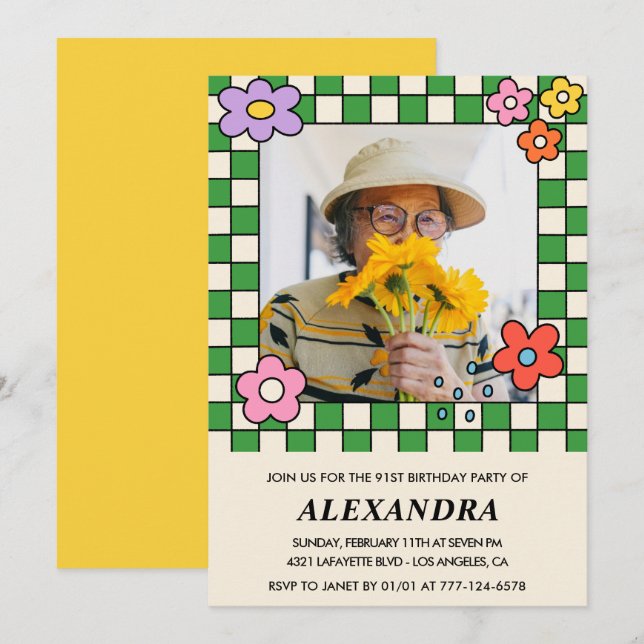 Invitación de cumpleaños número 91 Retro Floral Gr (Anverso / Reverso)