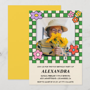 Invitación de cumpleaños número 91 Retro Floral Gr