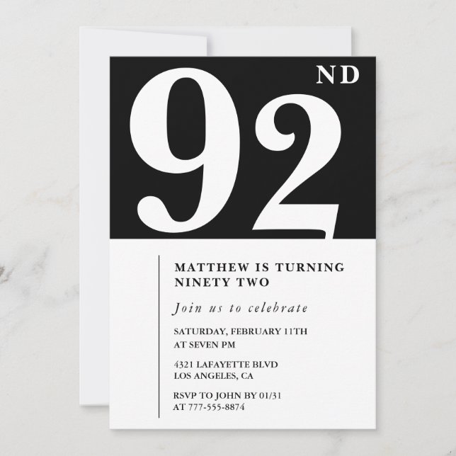 Invitación de cumpleaños número 92 elegante en bla (Anverso)